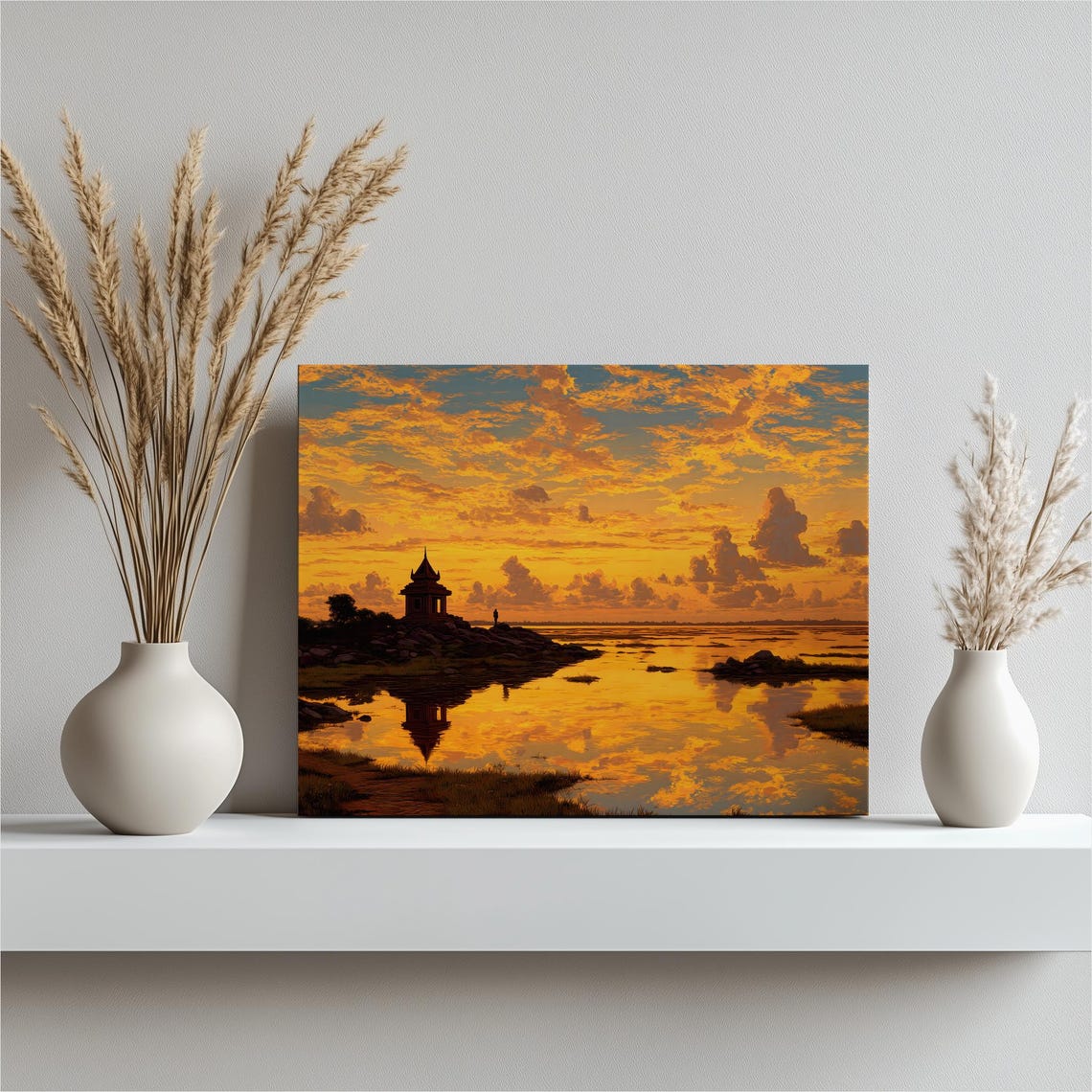 Golden Thai Temple Sunset Water Reflection Silhouette Landscape Poster