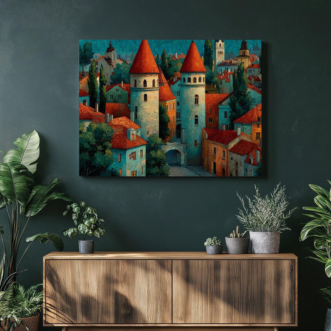 Medieval Castle Town Red Roof Towers European Painting Poster