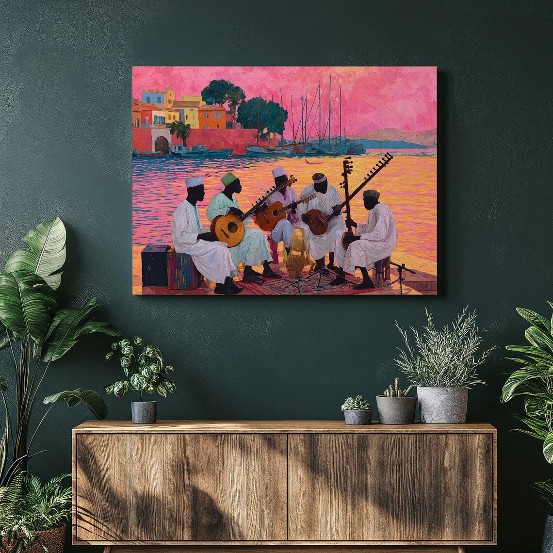 African Musicians Sunset Harbor Waterfront Vibrant Impressionist Art Poster