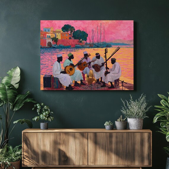 African Musicians Sunset Harbor Waterfront Vibrant Impressionist Art Poster