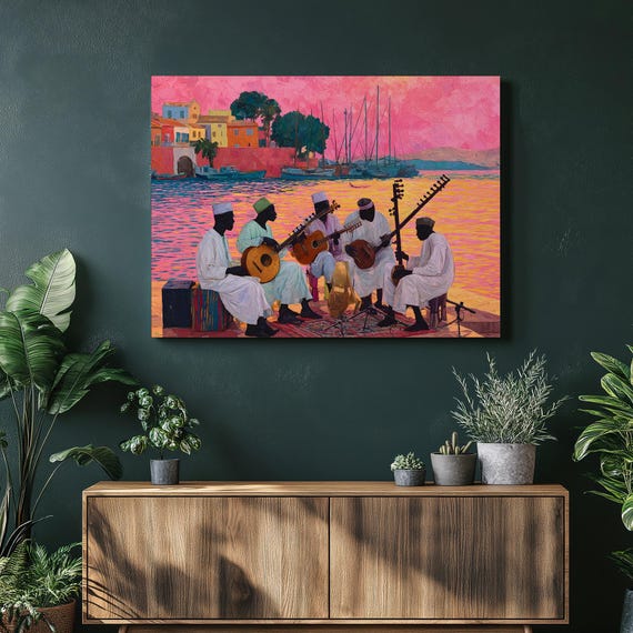 Colorful African Musicians Canvas Wall Art Sunset Harbor Seascape Vibrant Impressionist Painting Coastal Village Boats Scene Boho Gift