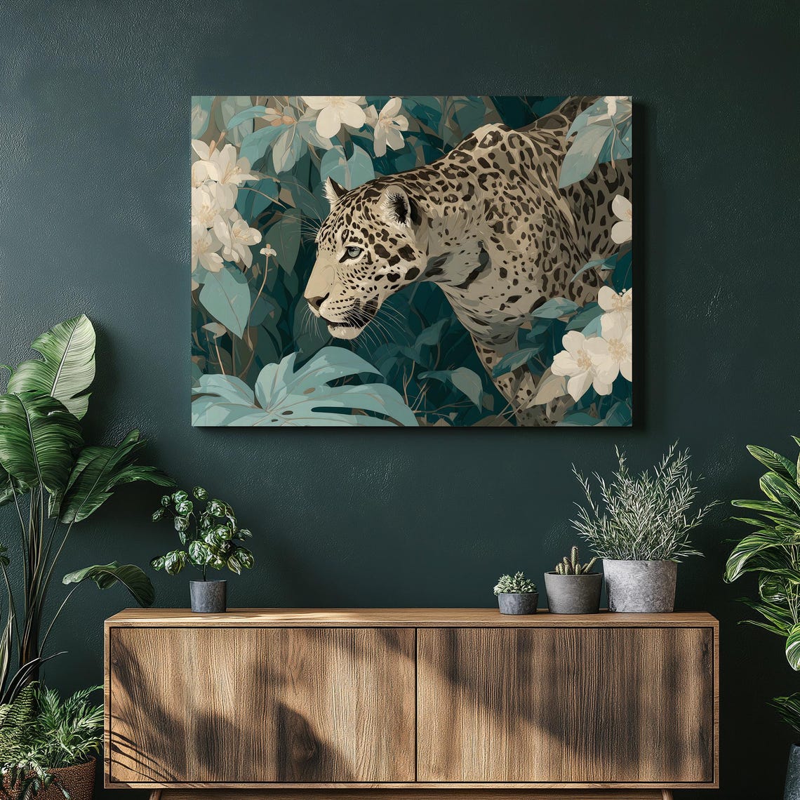 Jaguar Prowling Teal Jungle White Blossom Wildlife Art Poster