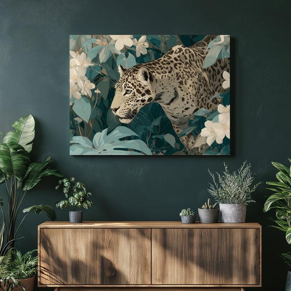Leopard Jungle Canvas Wall Art Tropical Foliage Print Wildlife Painting Modern Botanical Decor Nature Illustration Big Cat Gift