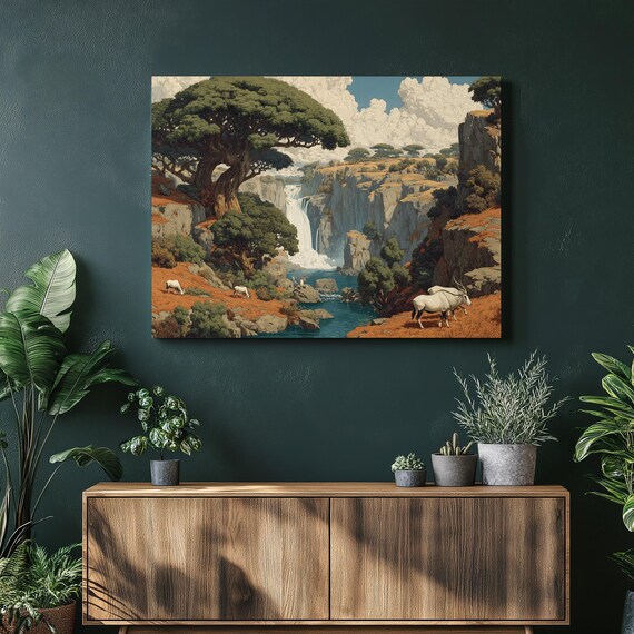 Waterfall Savanna Wildlife Canvas Wall Art African Landscape Print Colorful River Canyon Antelope Scene Nature