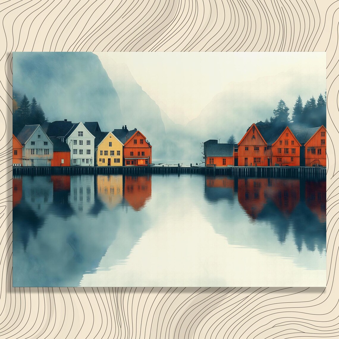Colorful Waterfront Houses Mirrored in Misty Fjord Water Poster