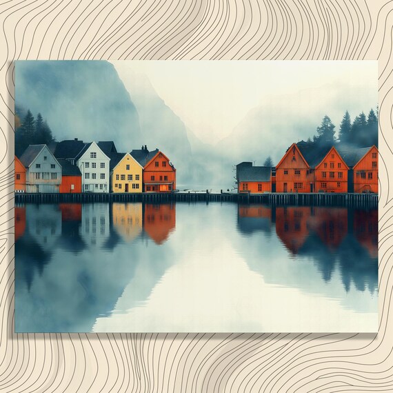 Colorful Waterfront Houses Mirrored in Misty Fjord Water Poster