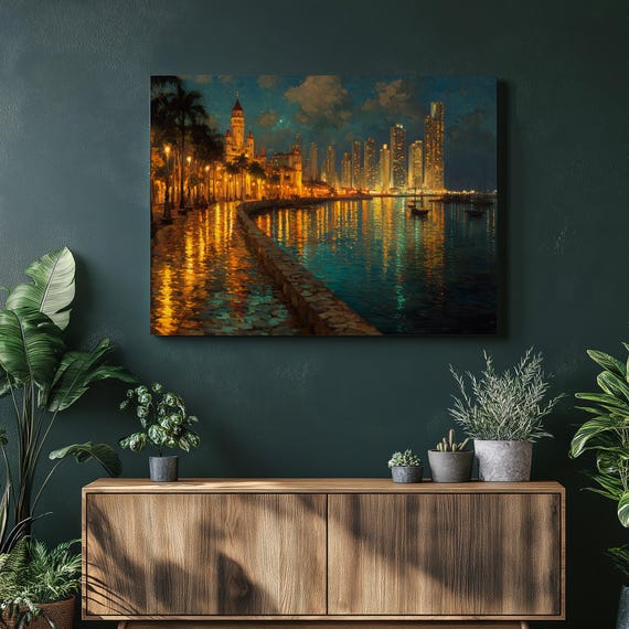 Urban Waterfront Cityscape Canvas Wall Art Vibrant Night Sky With Palm Trees City Lights Reflections Print