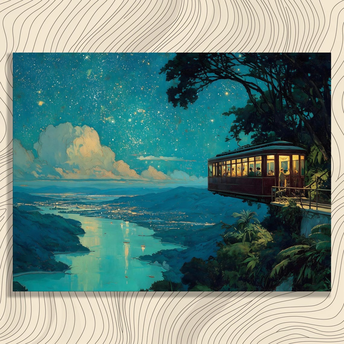 Cable Car Canvas Wall Art Starlit Sky Over Hillside Tram Above Winding River View Distant Skyline Glow Colorful Surreal Landscape Print
