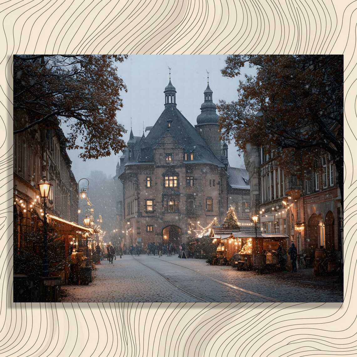 Snowy Christmas Market European Old Town Square Winter Art Print