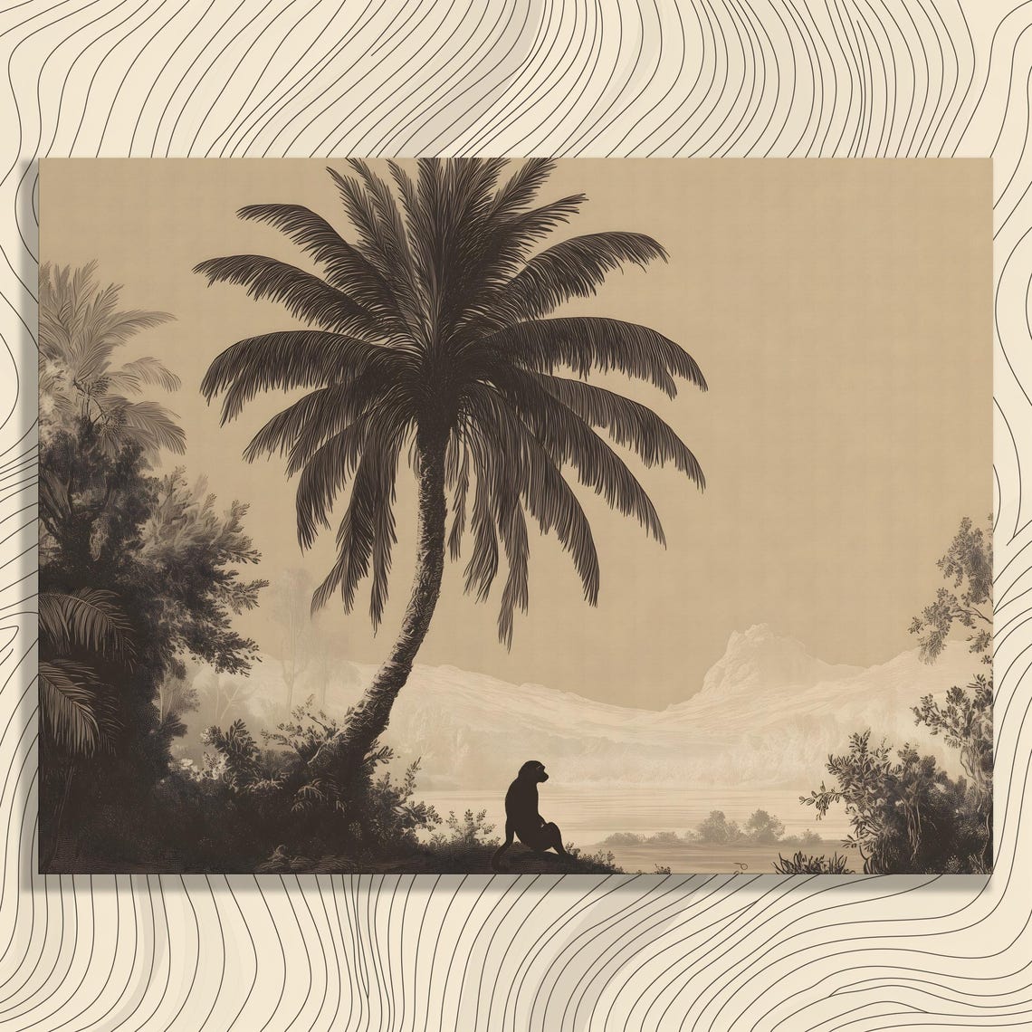 Vintage Monkey Palm Tree River Sepia Jungle Engraving Art Poster
