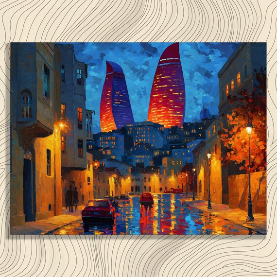 Urban Night Cityscape Canvas Wall Art Rain Soaked Street Lights Reflections Modern Skyline Painting Skyscraper Print
