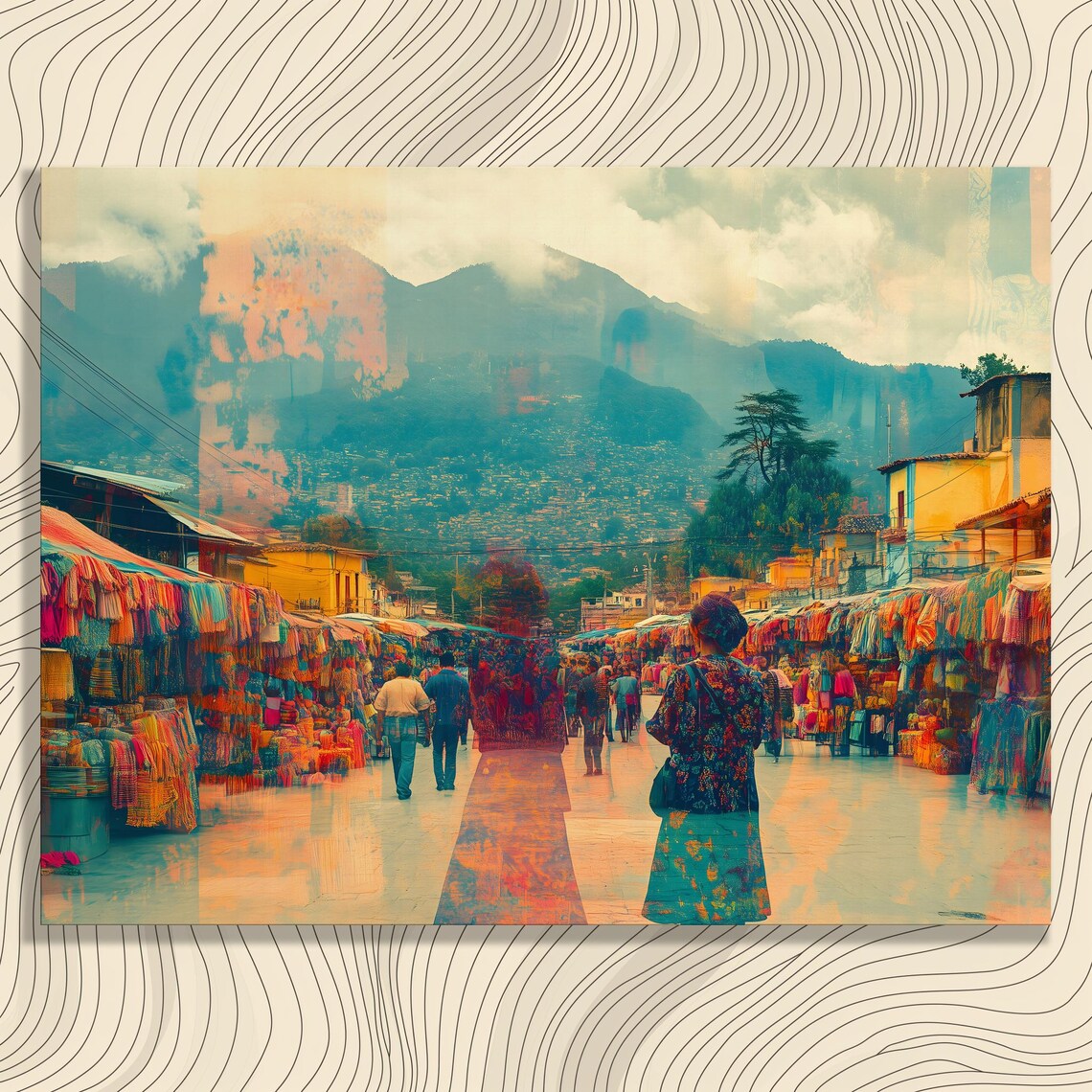 Colorful Mountain Market Street With Textile Stalls Travel Art Poster