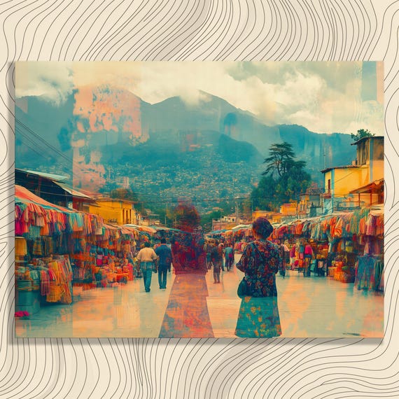 Vibrant Mountain Market Canvas Wall Art Colorful Textile Painting Print Bohemian Eclectic Scene Decor Gift For Cultural Explorers
