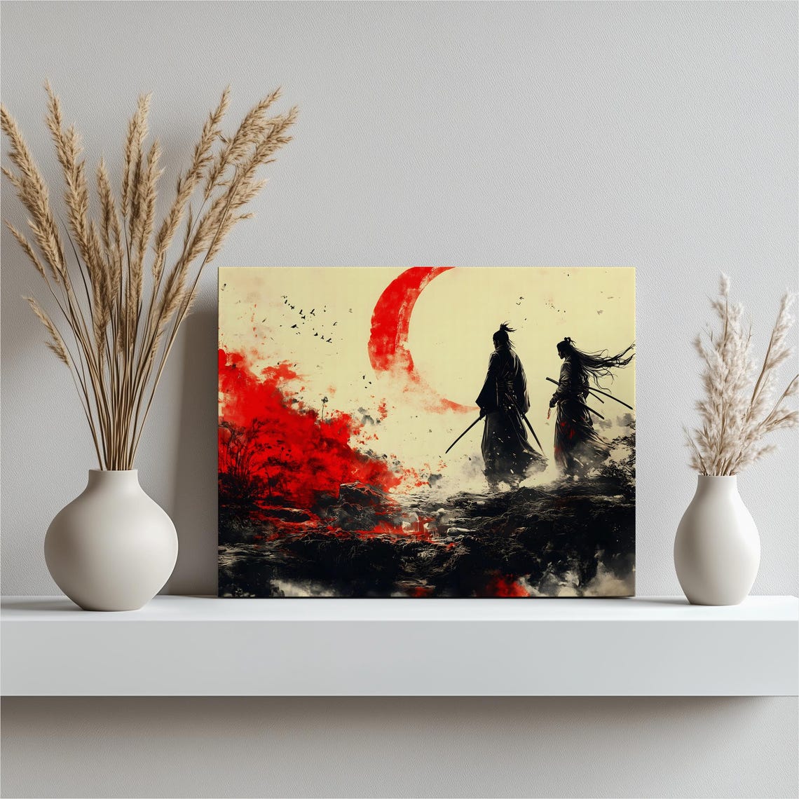 Two Samurai Warriors Red Rising Sun Ink Wash Japanese Canvas Wall Art