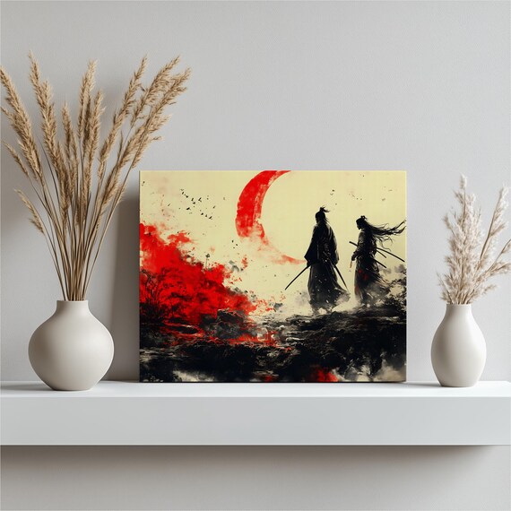 Two Samurai Warriors Red Rising Sun Ink Wash Japanese Canvas Wall Art