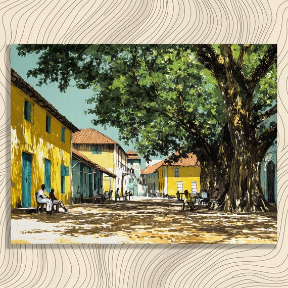 Tropical Village Canvas Wall Art Sunlit Banyan Tree Town Square Print Colonial People Painting Yellow Buildings Canopy