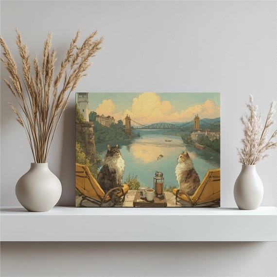 Cats Coffee Riverside Canvas Wall Art Cozy Cafe Illustration Lighthouse Bridge Sunset Print Colorful Decor River Landscape