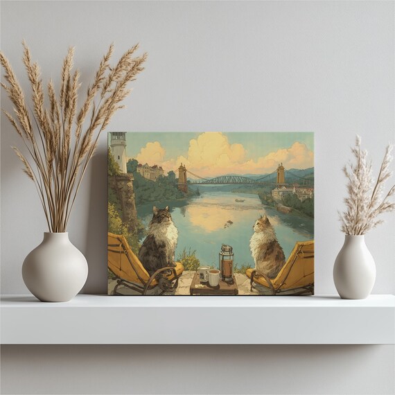 Two Cats on Deck Chairs Watching River Bridge Cozy Whimsical Poster