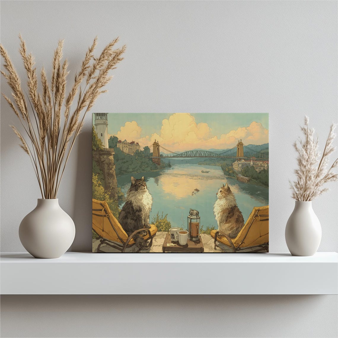 Two Cats on Deck Chairs Watching River Bridge Cozy Whimsical Poster