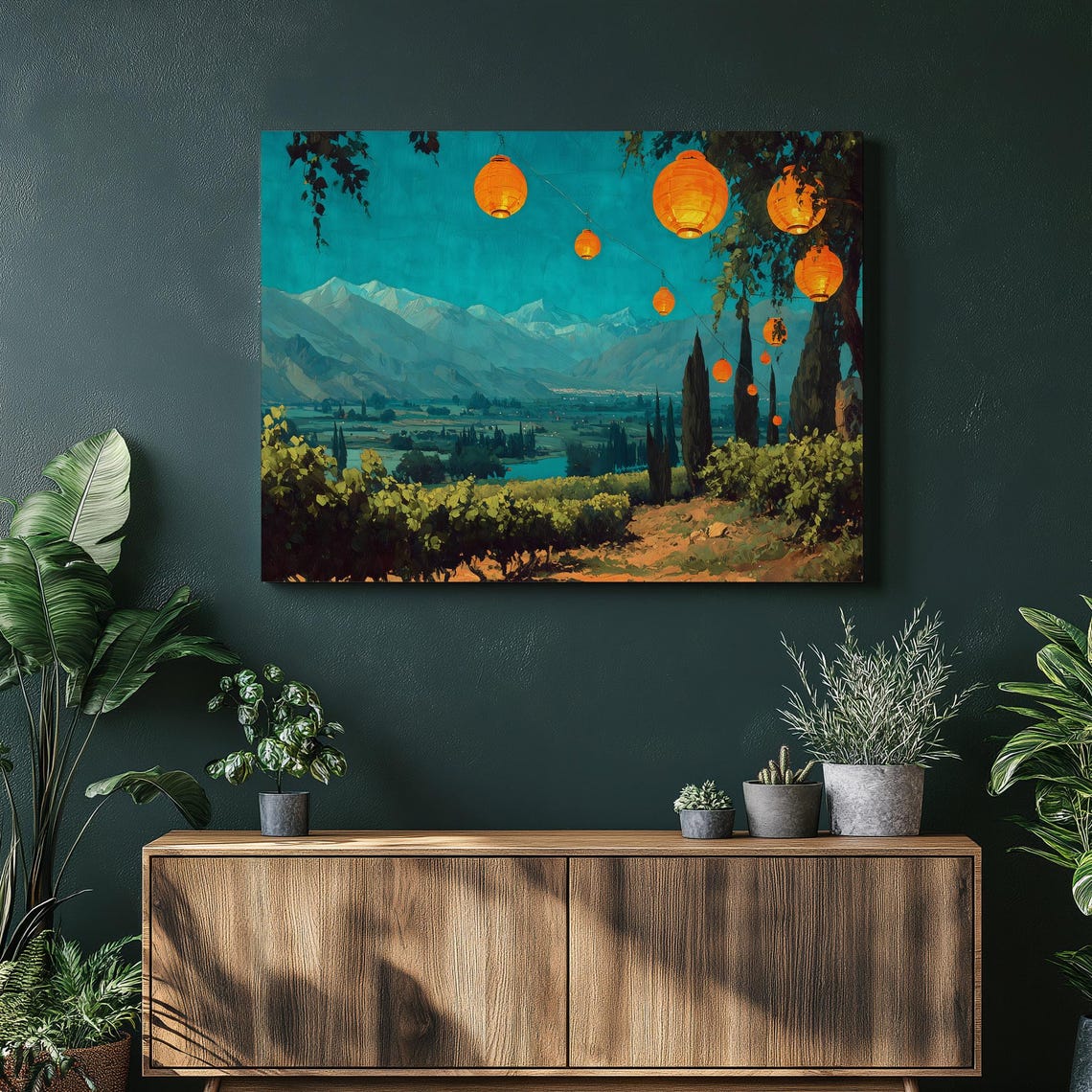 Glowing Orange Lanterns Over Vineyard Valley Mountain Night Poster