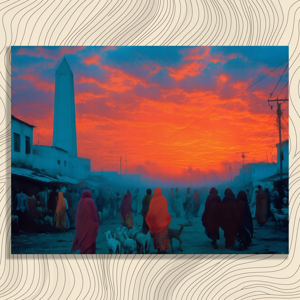 African Village Sunset Goat Herd Minaret Fiery Sky Cultural Art Poster