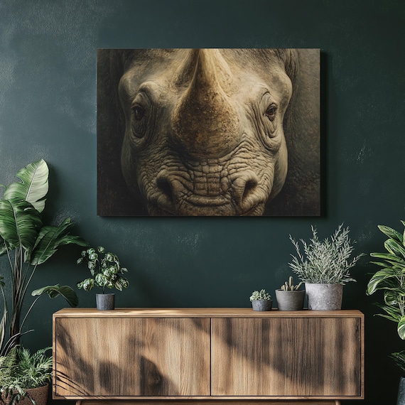 Rhinoceros Canvas Wall Art Print Hyperrealistic Animal Painting Dark Nature Decor Rhino Portrait Modern Safari Artwork Wildlife Gift
