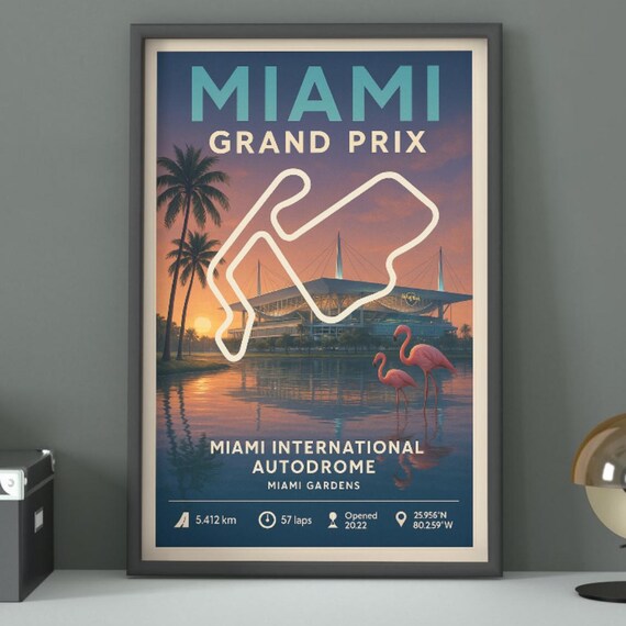 Miami Grand Prix Vintage Retro Racing Track Flamingo Sunset Poster
