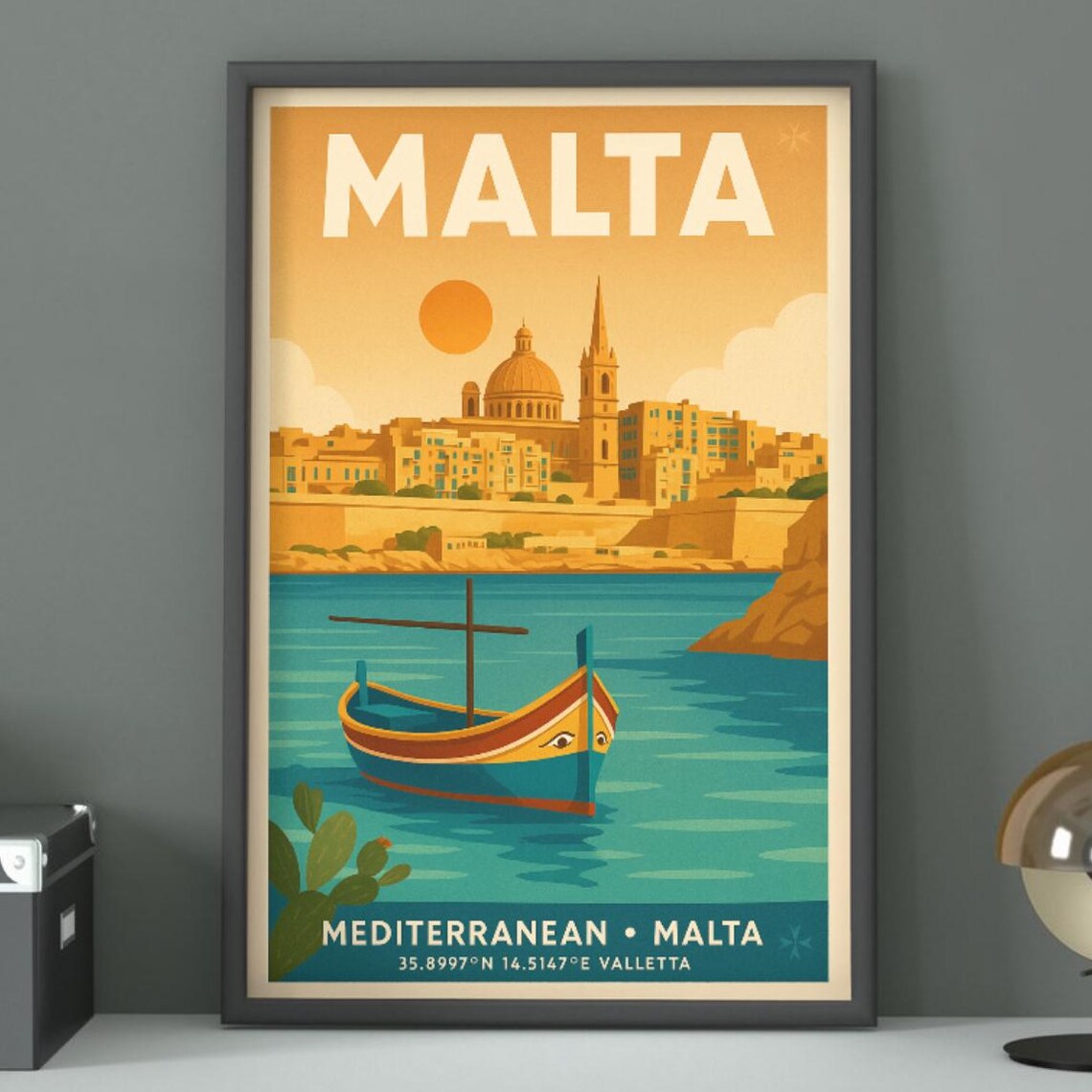 Malta Vintage Travel Poster Valletta Harbor Luzzu Boat Mediterranean Art