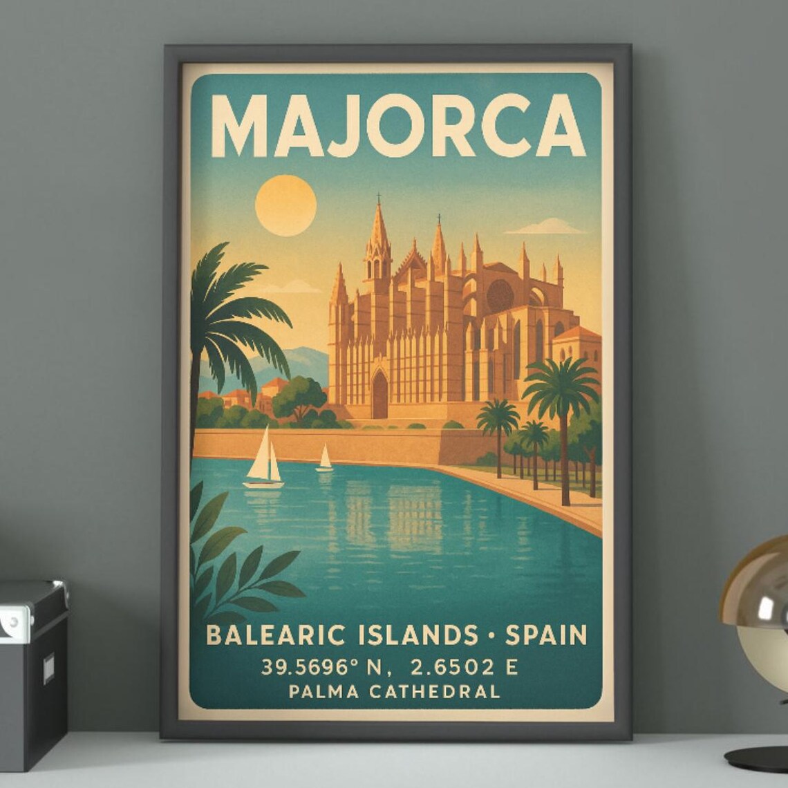 Majorca Spain Travel Poster Palma Cathedral Balearic Islands Sunset Art