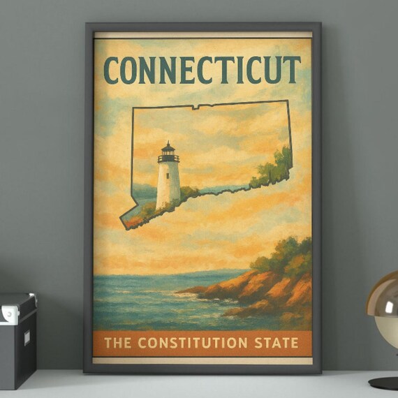 Connecticut The Constitution State Lighthouse Vintage Travel Poster