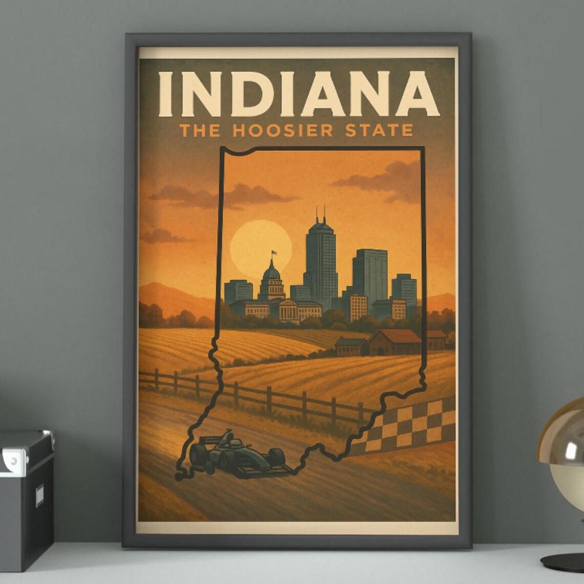 Indiana The Hoosier State Retro Travel Art Print Race Car Skyline Sunset