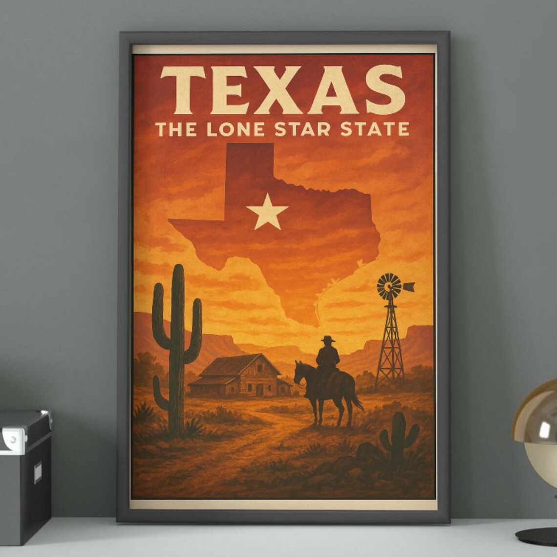 Texas The Lone Star State Vintage Cowboy Sunset Desert Travel Art Print