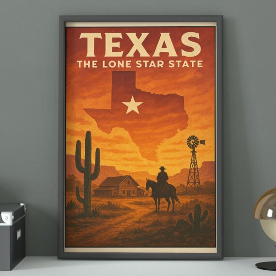 Texas The Lone Star State Vintage Cowboy Sunset Desert Travel Art Print