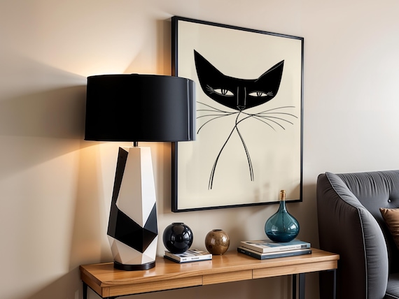 Minimalist Black Cat Face Line Art Poster for Scandinavian Decor
