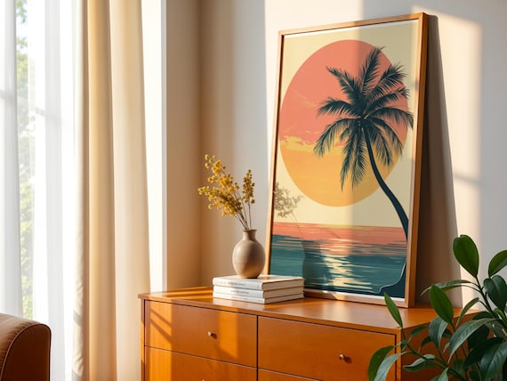 Tropical Sunset Print Retro Palm Tree Beach Art