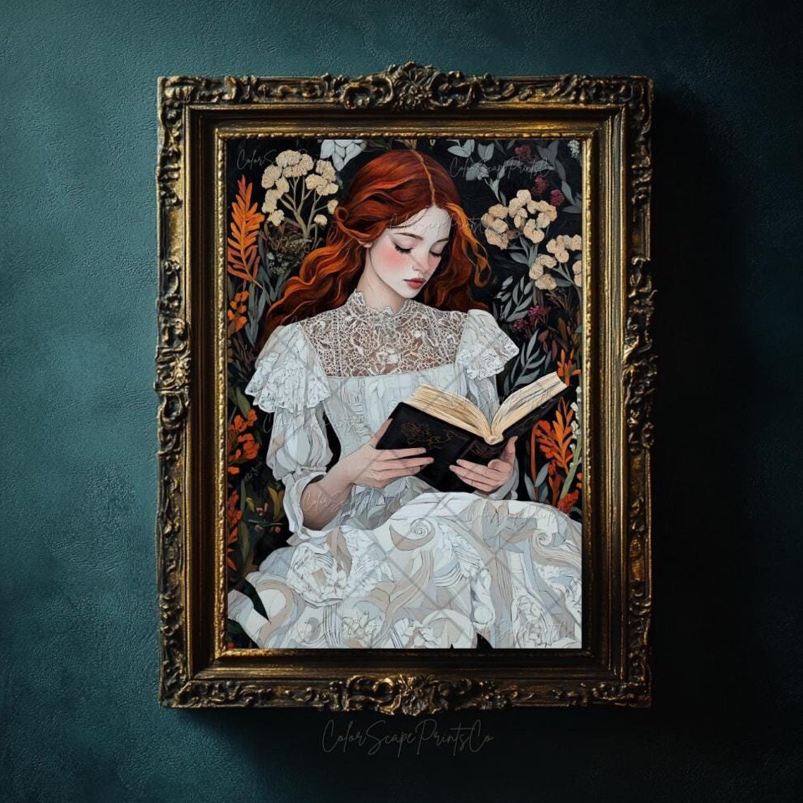 Victorian Woman Reading Print Reading Woman Painting Antique Painting Bookish Wall Art Decadent Young Woman Gift Reading Artwork Books Art