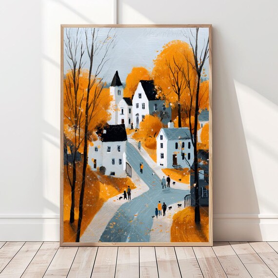 Autumn Village Street With Golden Trees White Houses Fall Poster