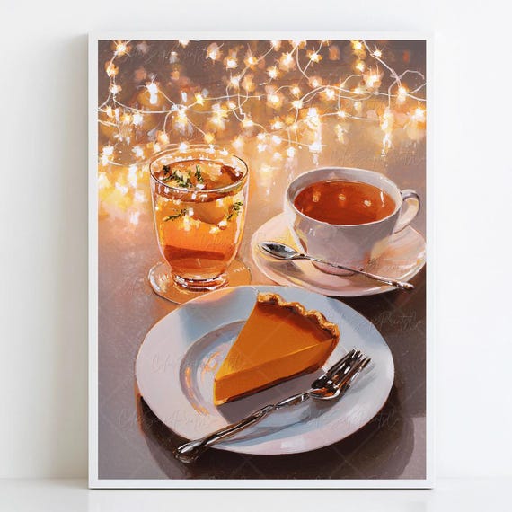 Pumpkin Pie Fall Kitchen Art Cozy Autumn Wall Thanksgiving Print Spice Tea Rustic Harvest