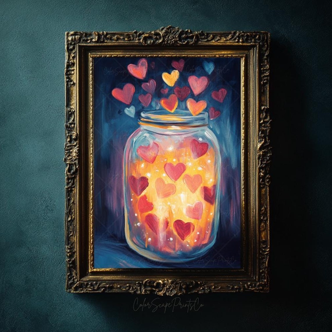 Glowing Hearts Mason Jar Painting Moody Romantic Valentine Wall Art