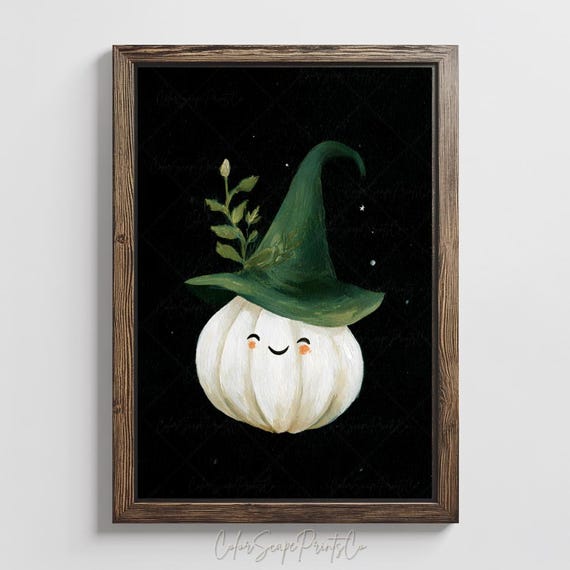 Autumn Art White Halloween Pumpkin Print Cute Fall Patch Painting Spooky Country Warm Cottage Decor