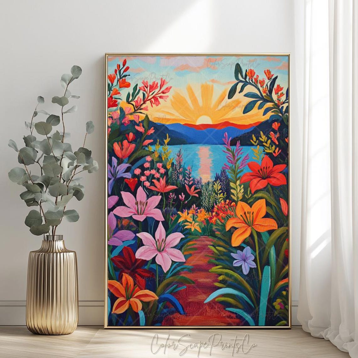Vibrant Sunrise Lily Garden Floral Path Landscape Art Poster