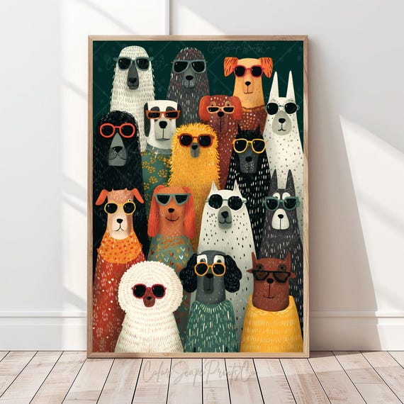 Funny Dog Wall Art Print Colorful Artwork Whimsical Illustration Dogs Wearing Sunglasses Pet Lover Gift Nursery Animal