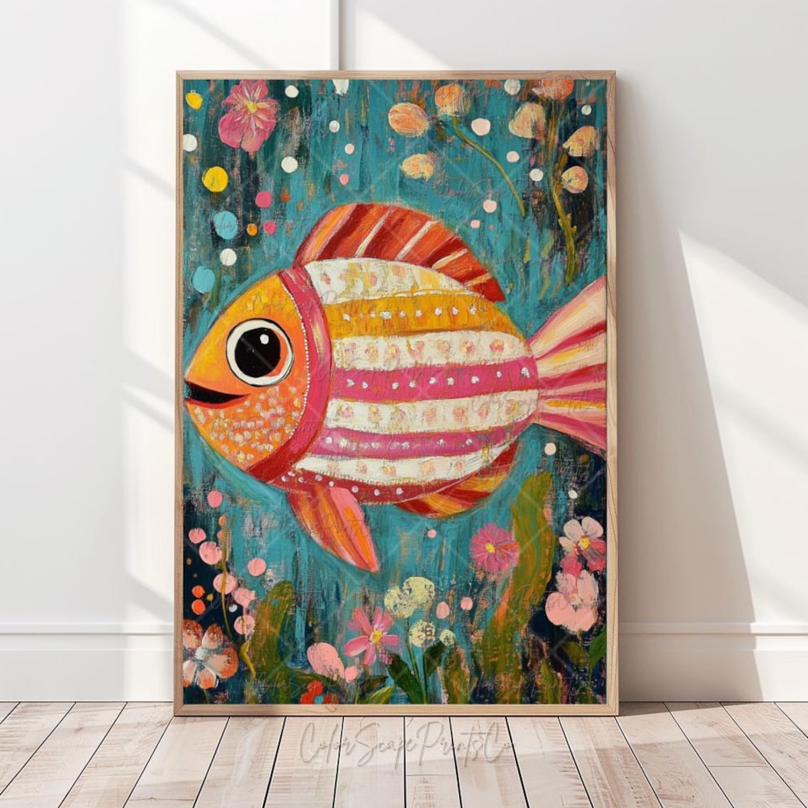 Whimsical Striped Fish Among Flowers Colorful Nursery Poster