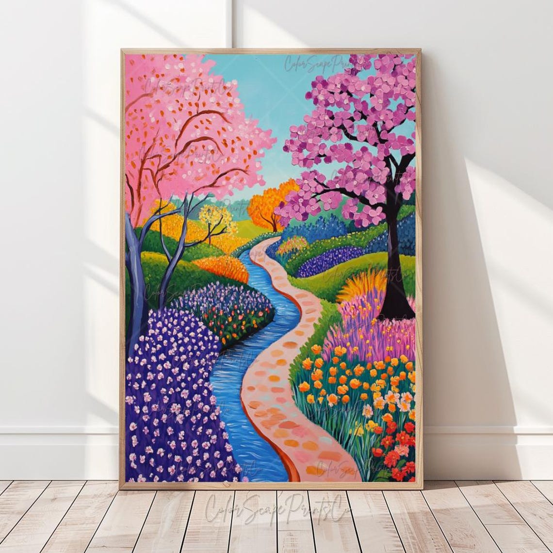 Colorful Spring Blossom Landscape Poster Pink Trees River Pathway