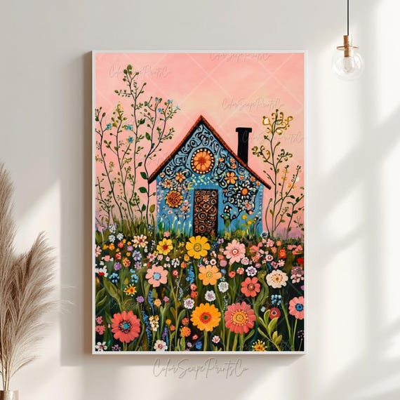 Whimsical Landscape Print Spring Cottage Garden Art Colorful Nursery Decor Cozy Nature Artwork Cute Floral Wall Pink Sky