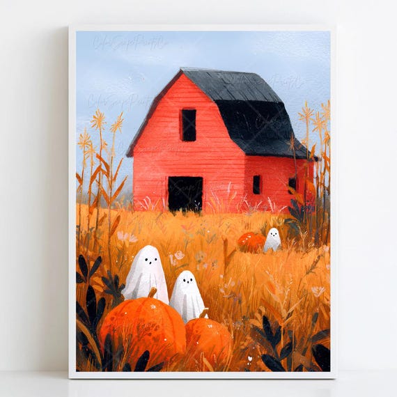 Vintage Autumn Barn Print Cute Halloween Pumpkin Field With Red Wall Art Rustic Fall Spooky Landscape