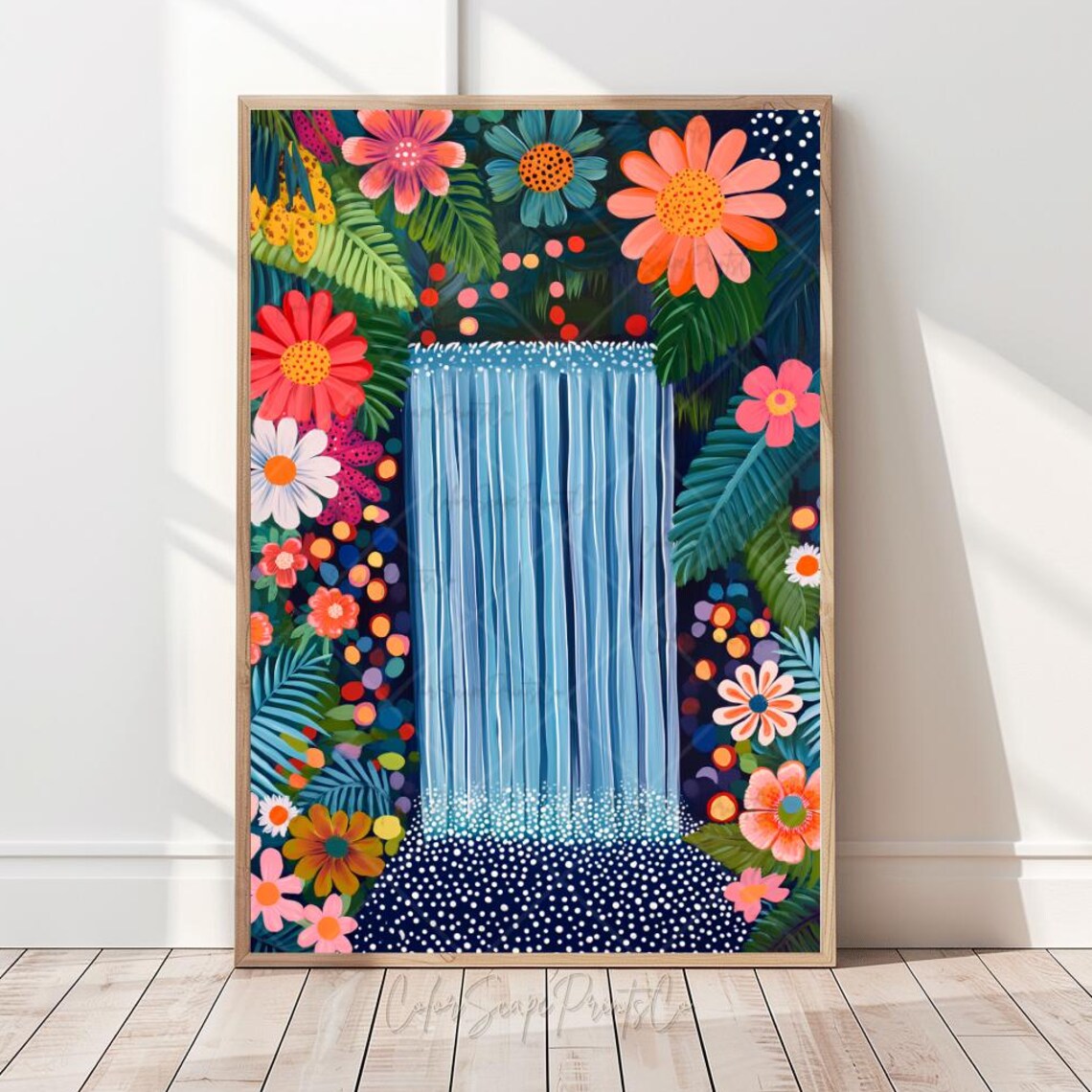 Whimsical Waterfall Garden Tropical Flowers Kids Room Art Poster