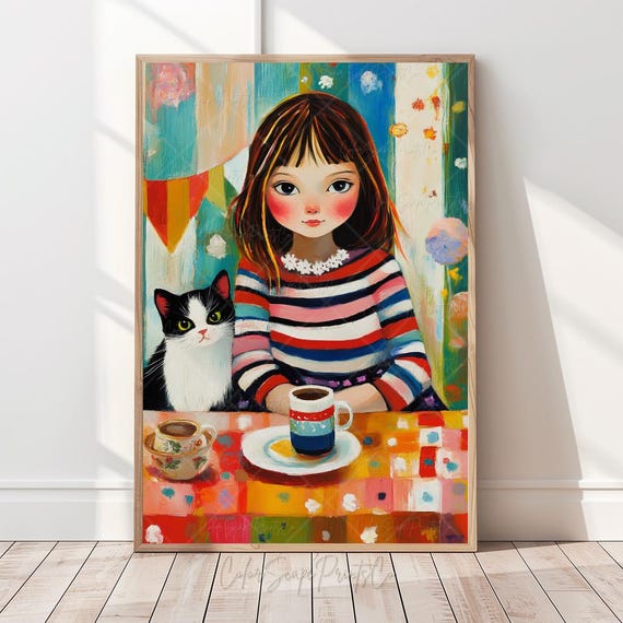 Whimsical Girl And Cat Art Print Colorful Tea Time Illustration Striped Dress Wall Funny Playful Child Pet