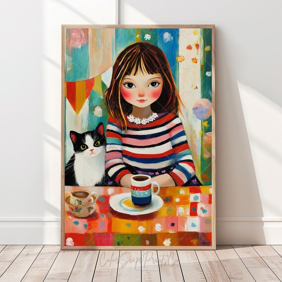 Whimsical Girl And Cat Tea Time Colorful Illustration Poster