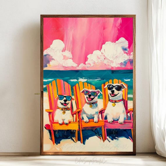 Funny Beach Dogs Wall Art Colorful Dog With Sunglasses Print Vibrant Coastal Pet Decor Summer Scenery Cute Poster Lover